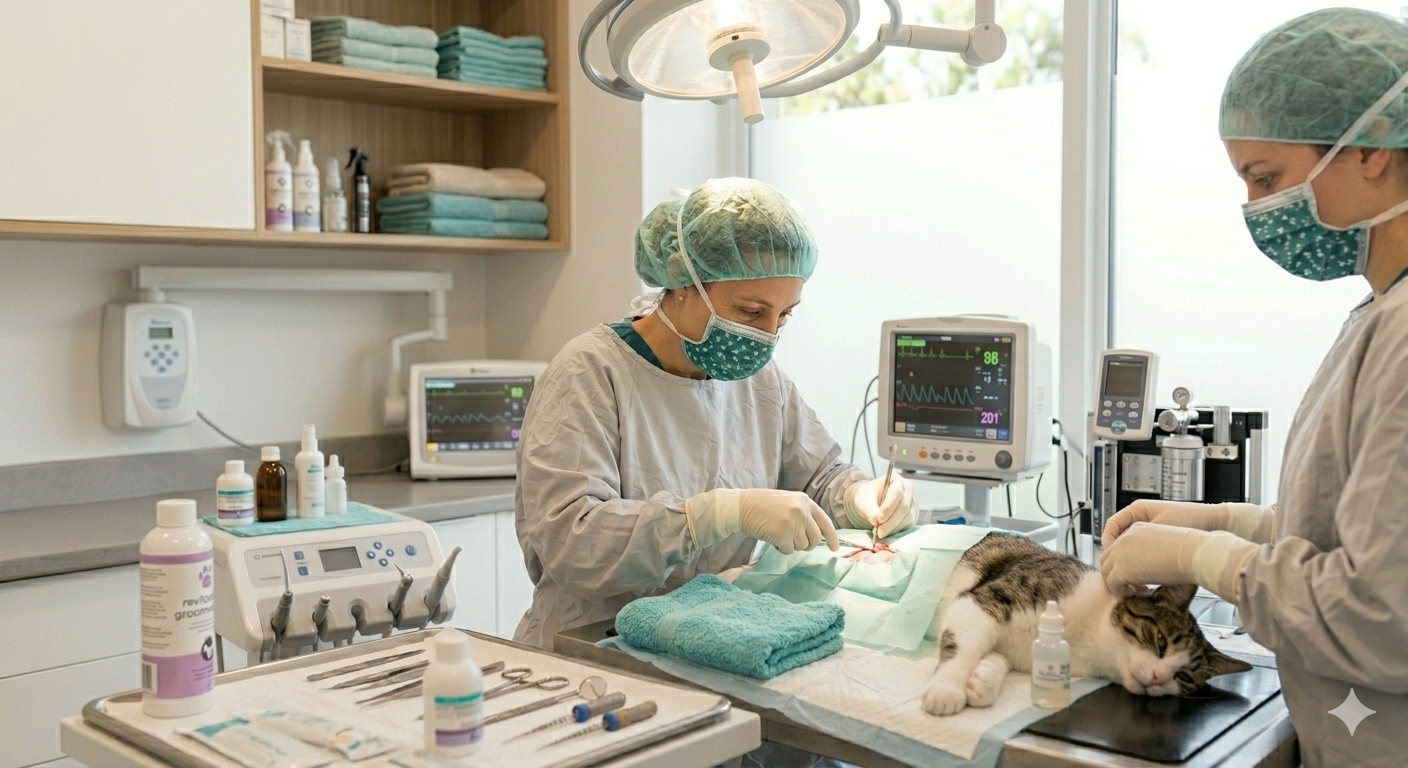 Foto demonstrativa de um atendimento de cirurgia veterinária.